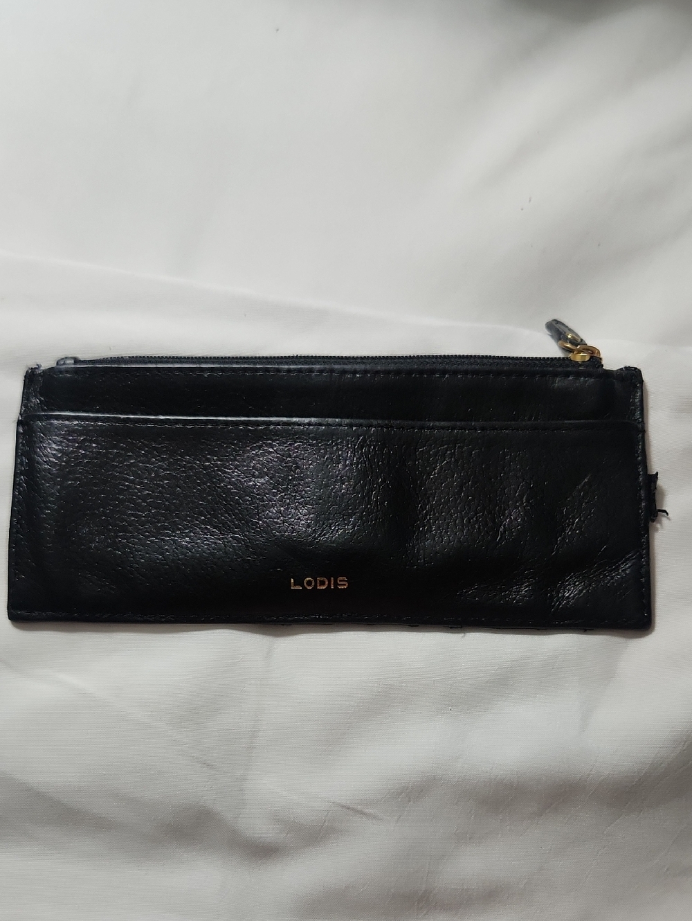 Lodis Black Leather Zip Card Wallet with Gold Accents
